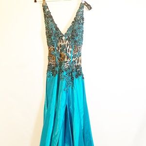 Jovani Formal  Teal and Leopard Halter Top dress